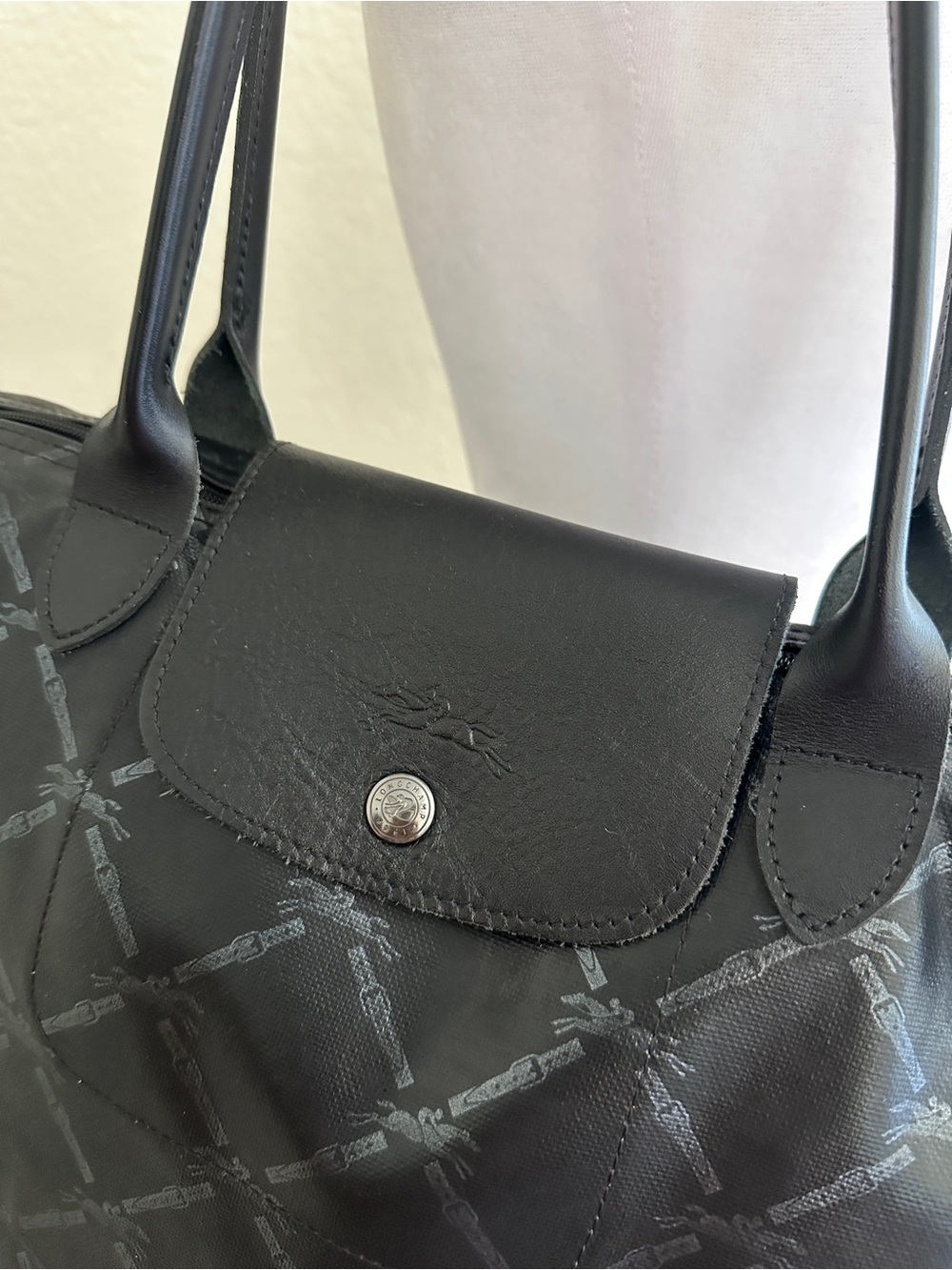 LONGCHAMP Le Pliage S Coated Canvas Horse Pattern Tote Bag Black Small - Picture 7 of 14